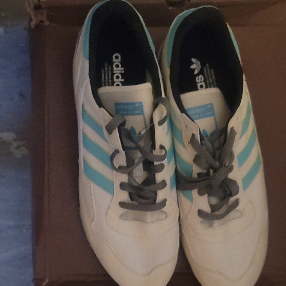 Adidas White Sneakers with Blue Stripes